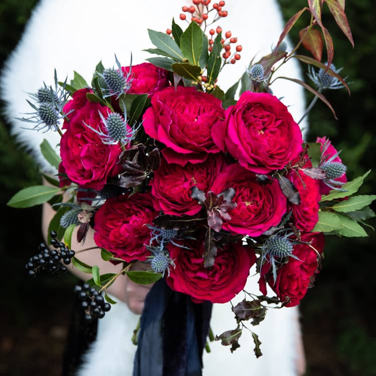 Darcey Red Roses for Winter Wedding Bride with White Fur Shawl