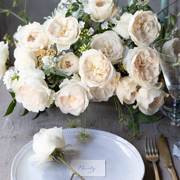 Purity blush roses wedding top table flowers