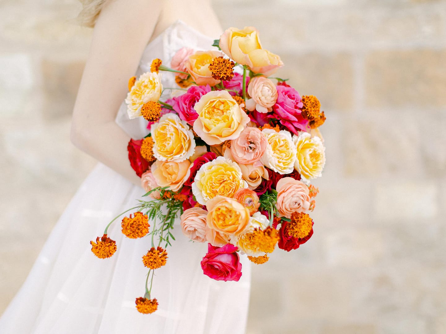 Bridal bouquet with bright wedding flowers