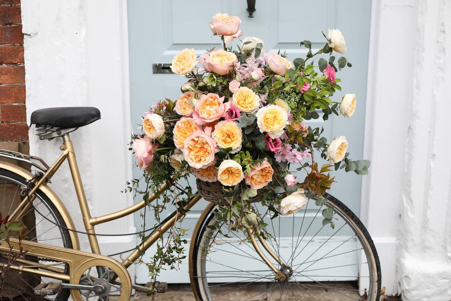 Cestino da bicicletta pieno di rose di David Austin