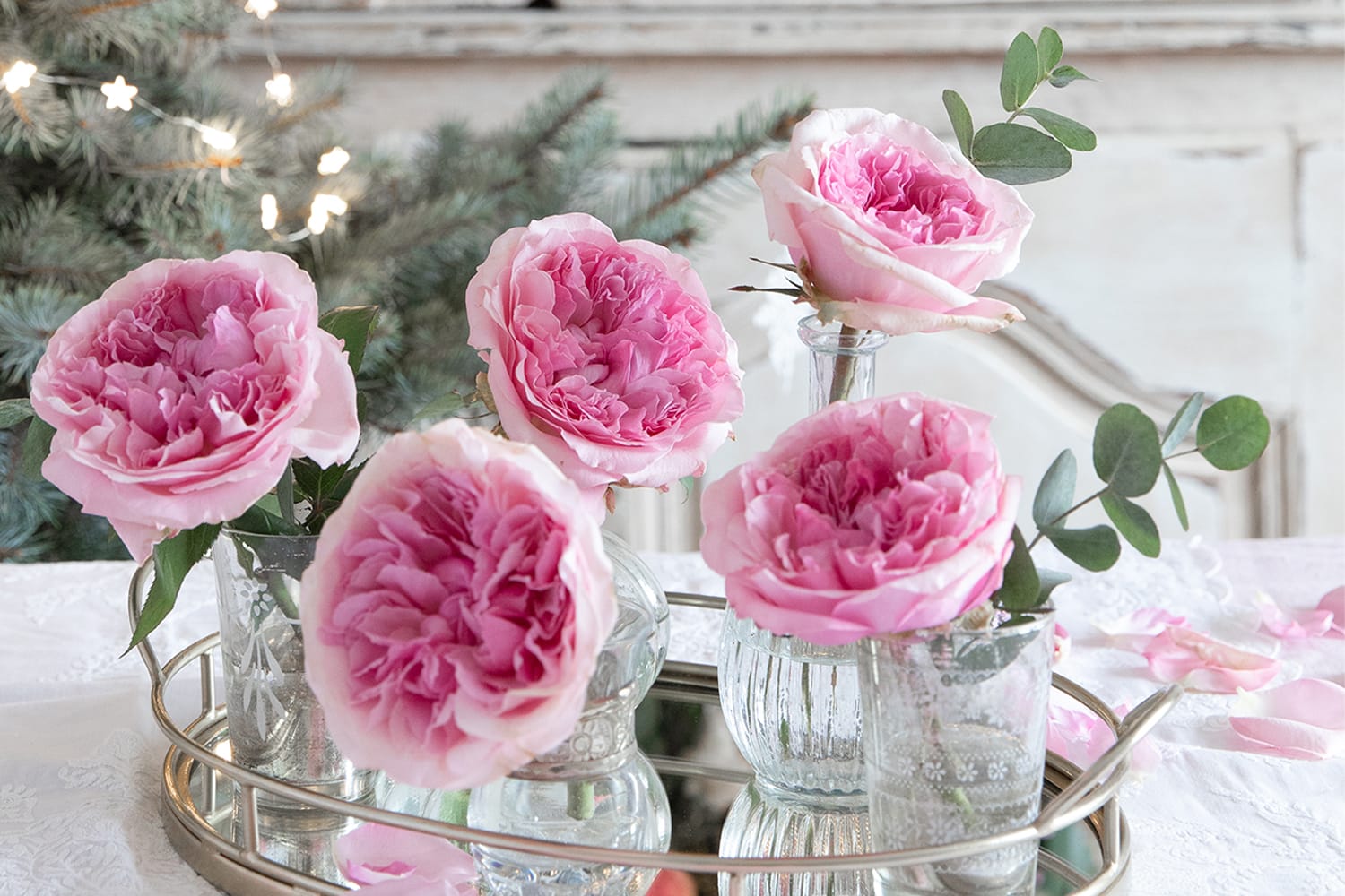 Miranda pink roses on mirrored tray