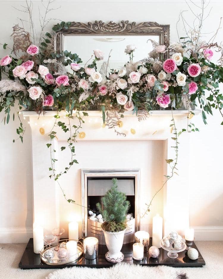 Christmas Fireplace Floral Decorations with Roses