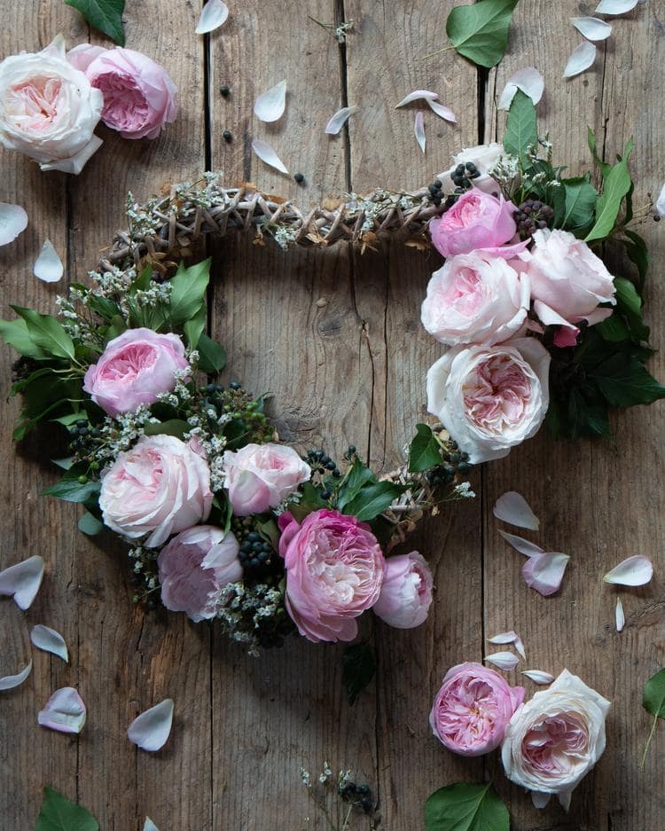 ピンクのバラとバレンタインデーのためのハート型の花輪